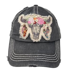 Steer Skull Floral Strapback Hat Gray One Size KB ETHOS Vintage Outdoor